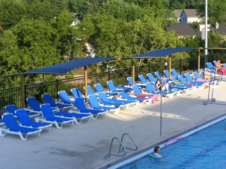 Elevated view of pool seating, shading provided by Duffer Hollow Designs