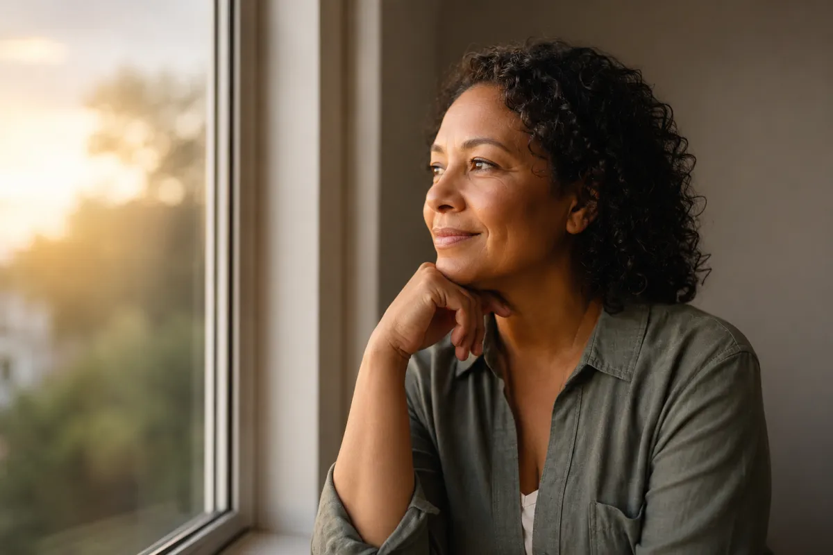 A woman with curly hair looks out a window with a gentle smile, bathed in warm golden light, reflecting on a moment of quiet clarity.