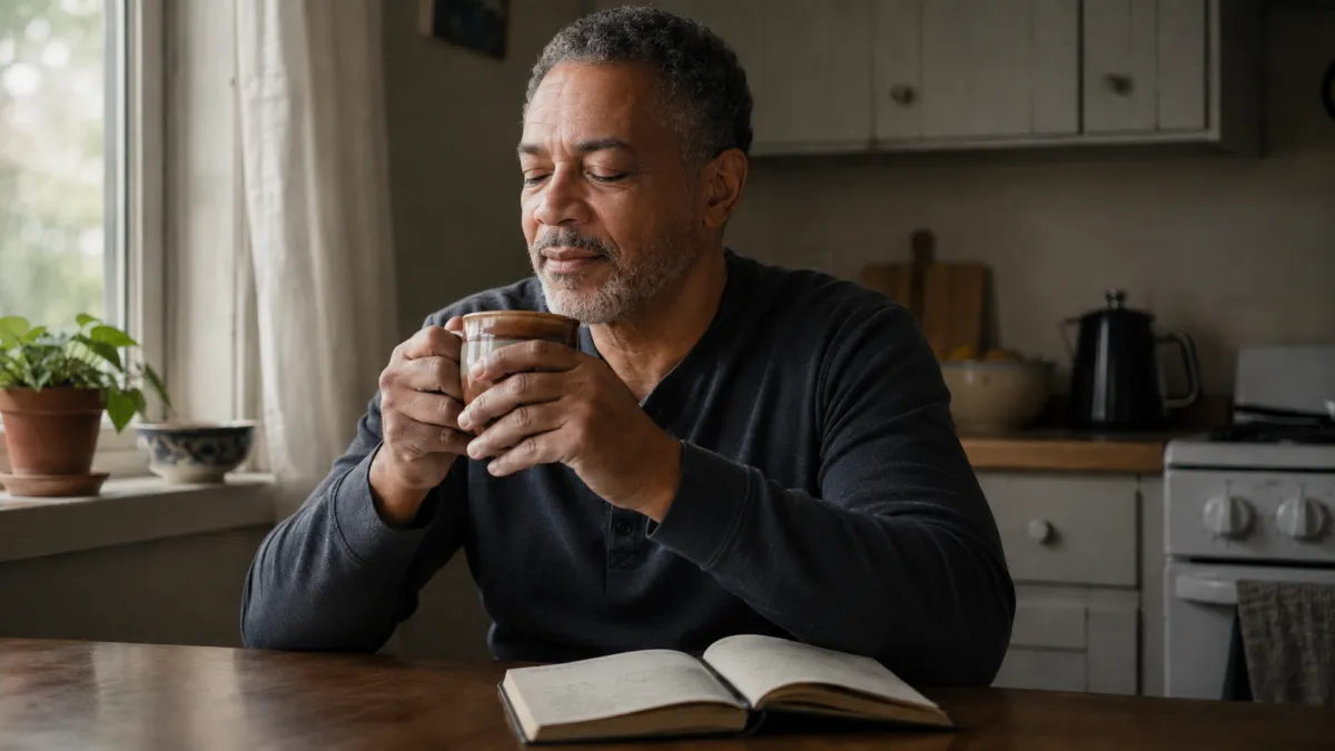 A man with ADHD sits quietly at a kitchen table in the early morning, holding a warm mug -- beginning the day with the Morning Clarity Ritual instead of shame.