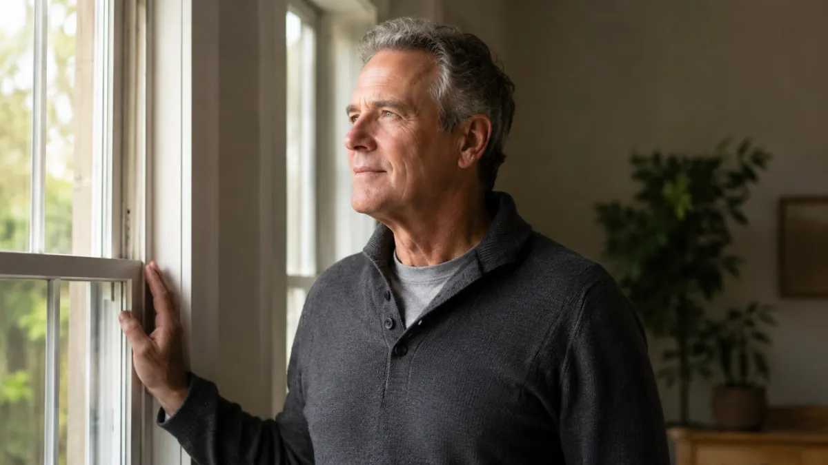 A late-diagnosed ADHD adult stands at a window in quiet reflection -- releasing decades of shame and stepping into the truth that he was never broken.