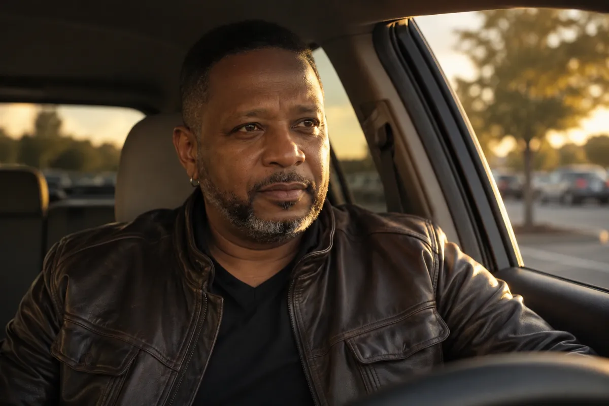 Ellsworth Palmer sitting quietly in a parked car, reflecting after receiving his ADHD diagnosis — the moment that became the foundation of Remlap Publishing.