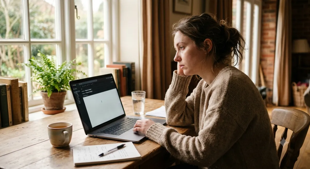 A person sits at a desk staring at an unfinished email on a laptop screen, expression distant and unfocused — capturing the moment of ADHD Reset Loop when a brain cannot restart after an interruption.