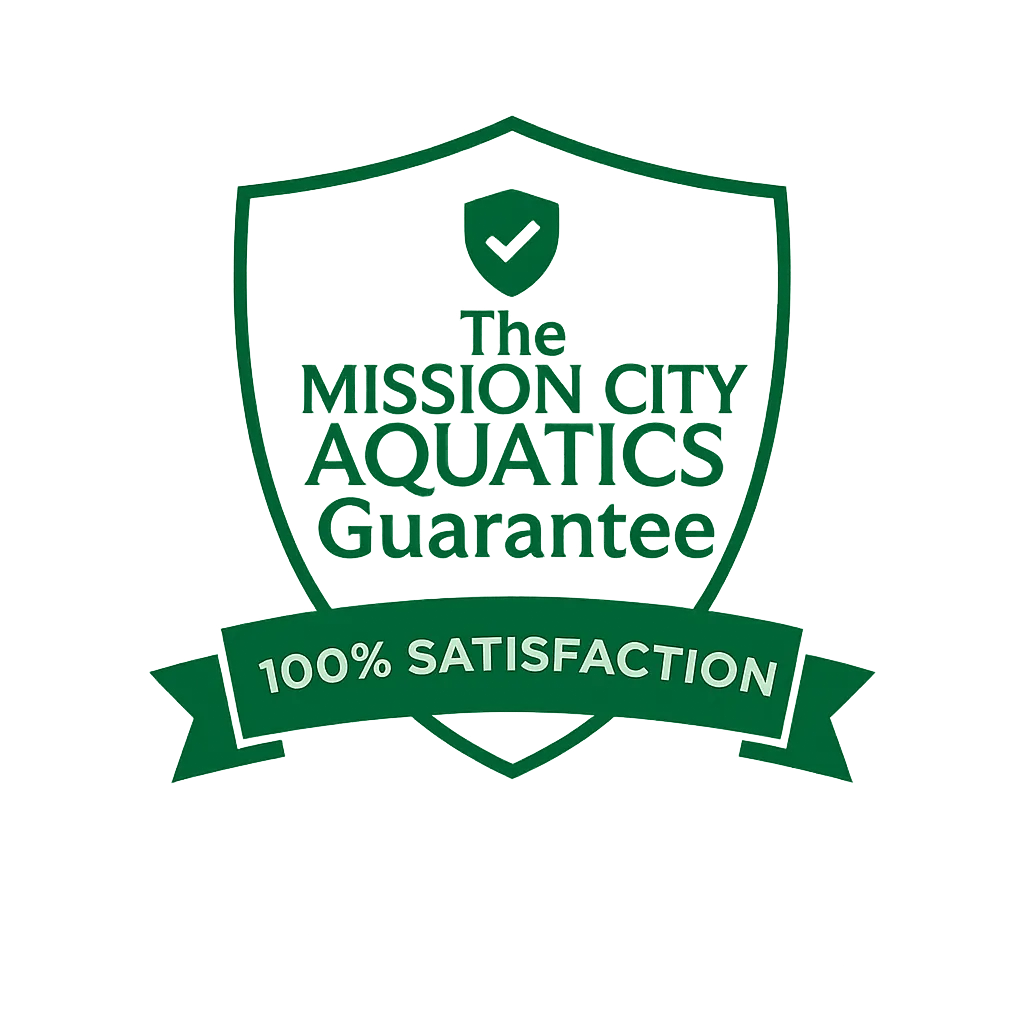 Mission City Aquatics Guarantee badge with shield and checkmark icon, representing trust, health code compliance, and fast service.