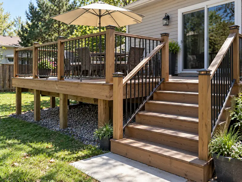 Raised wood deck with stairs