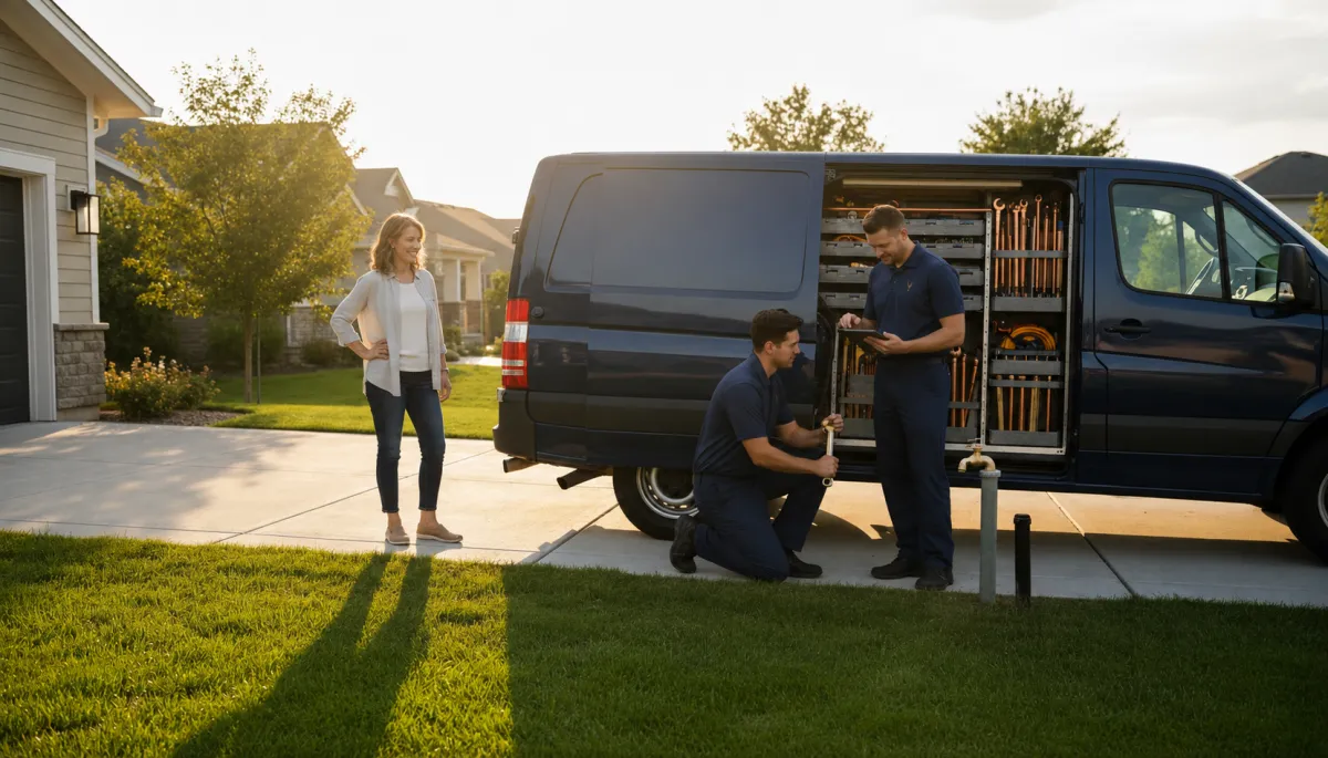 Wide-angle showcase of various plumbing services in a commercial and residential setting