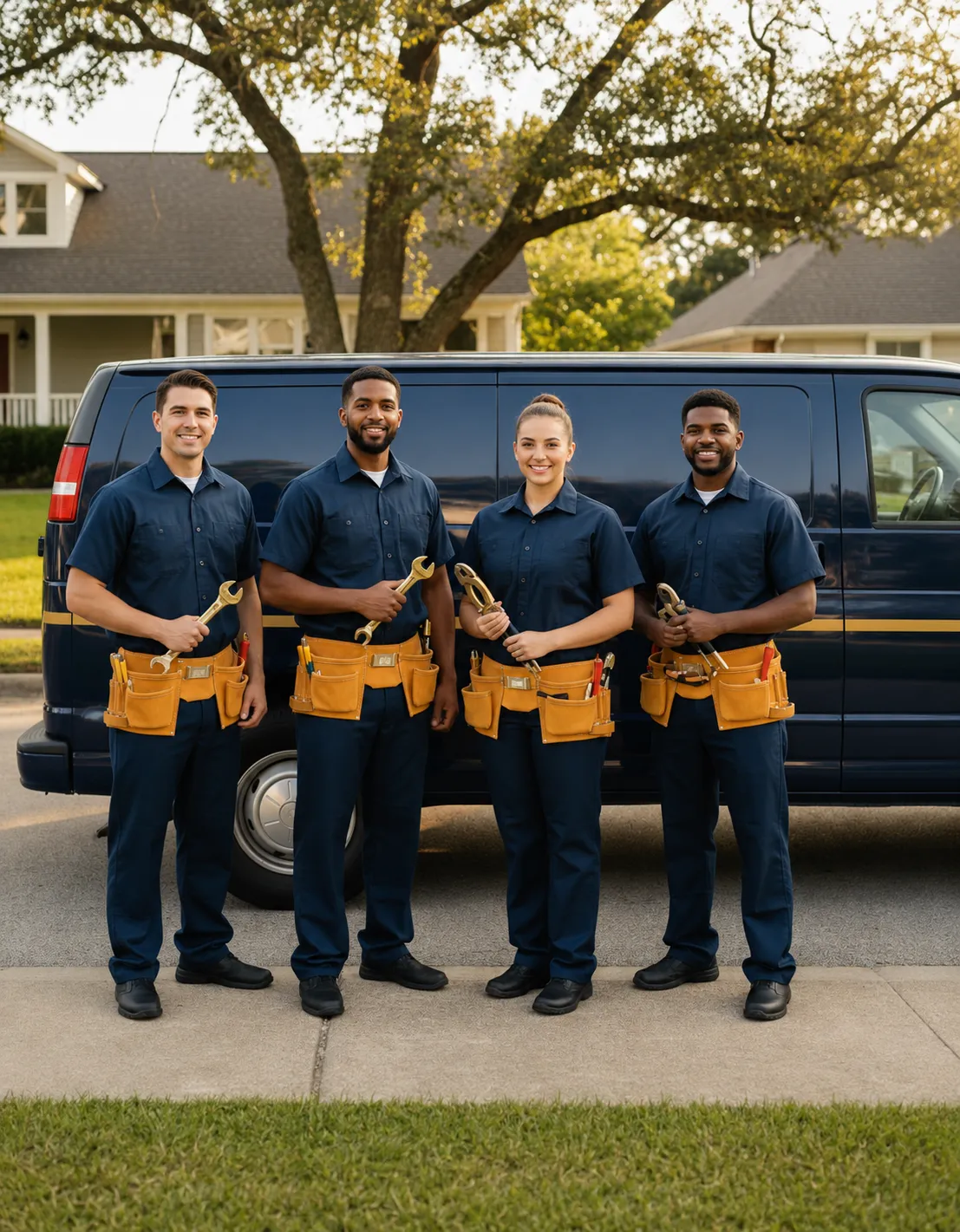 A successful and diverse American plumbing team standing together