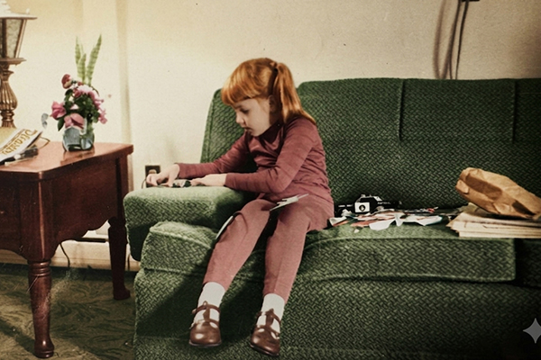 young girl sitting on sofa with art supplies