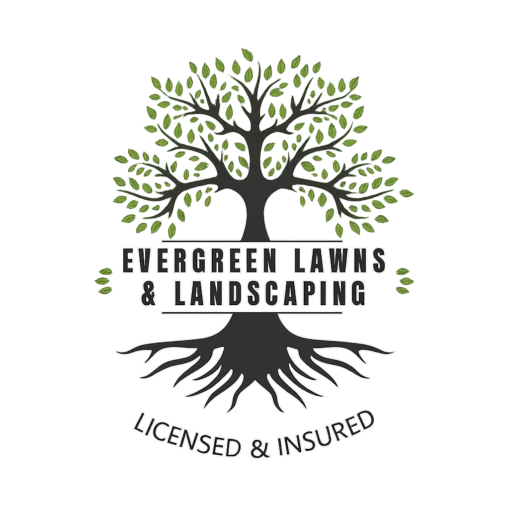 Evergreen Lawns and Landscaping Logo with Beautiful green field of fresh cut grass and a man walking in a nice suit and hat with a blue book in his hand. 