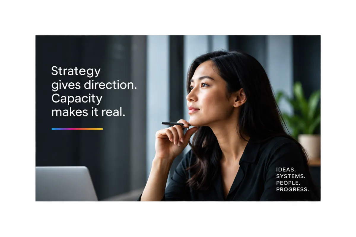 Business leader reflecting on strategy and organizational capacity, with the message ‘Strategy gives direction. Capacity makes it real.’
