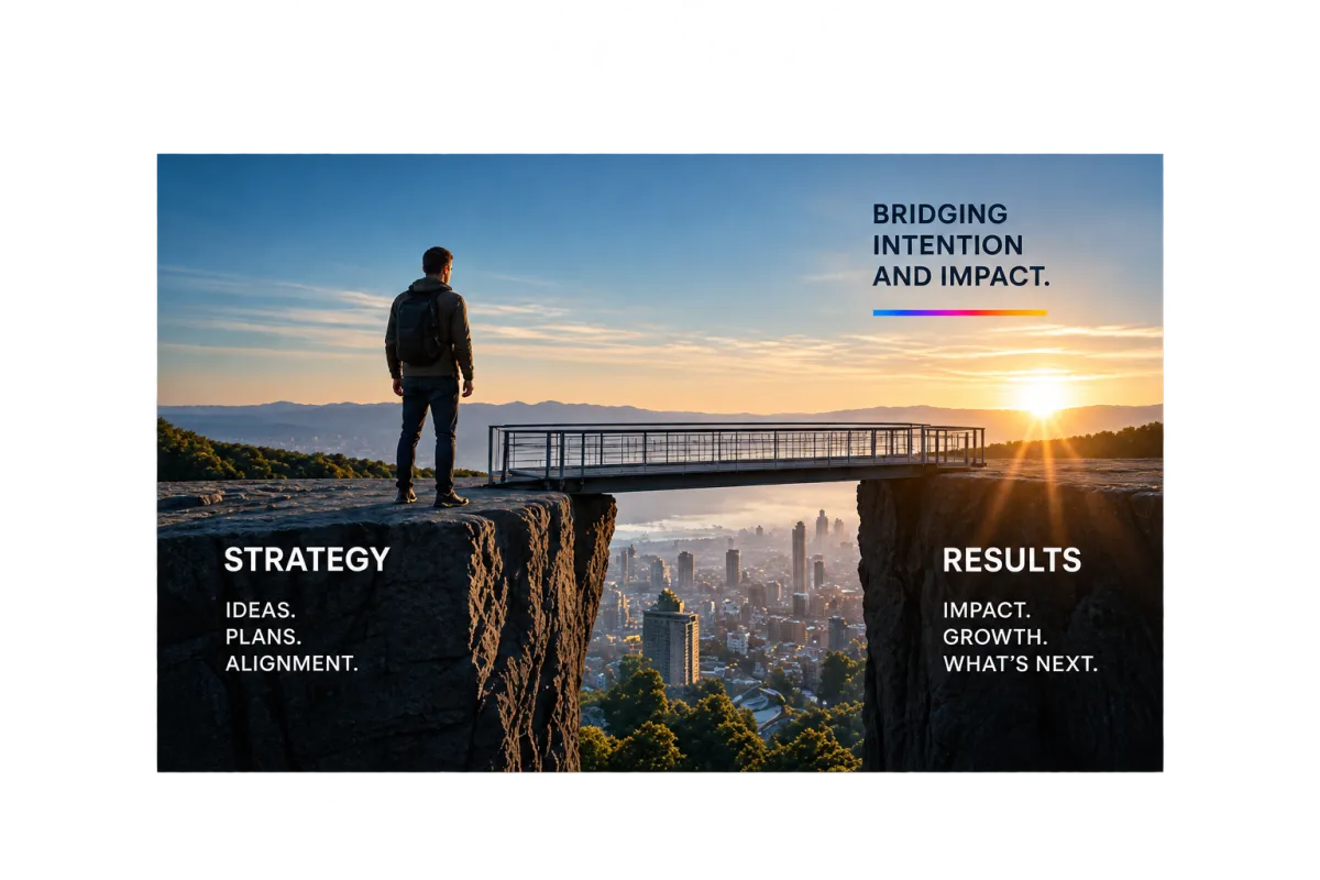 Business leader standing at the edge of a gap between strategy and results, with a bridge symbolizing the path from intention to impact.