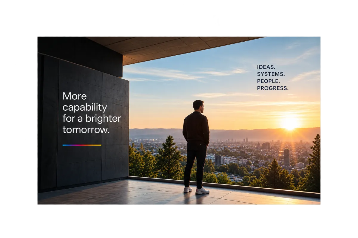 Business leader overlooking a city at sunrise, symbolizing opportunity and lasting impact.