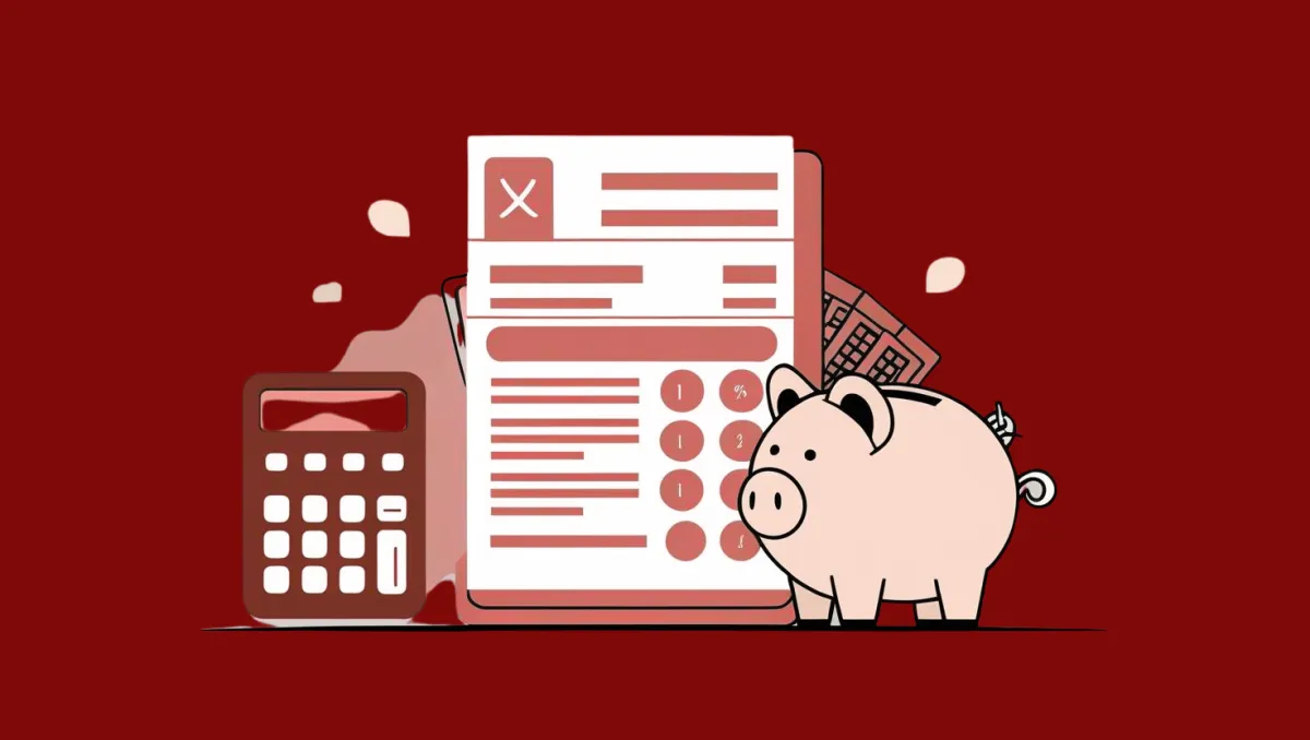 Illustration of tax documents, calculator, and piggy bank representing tax preparation services