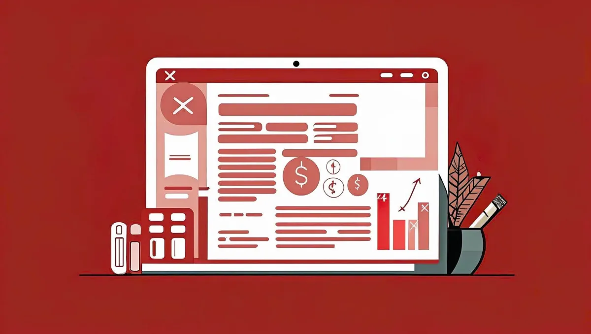 Illustration of financial reports, calculator, and piggy bank representing bookkeeping services