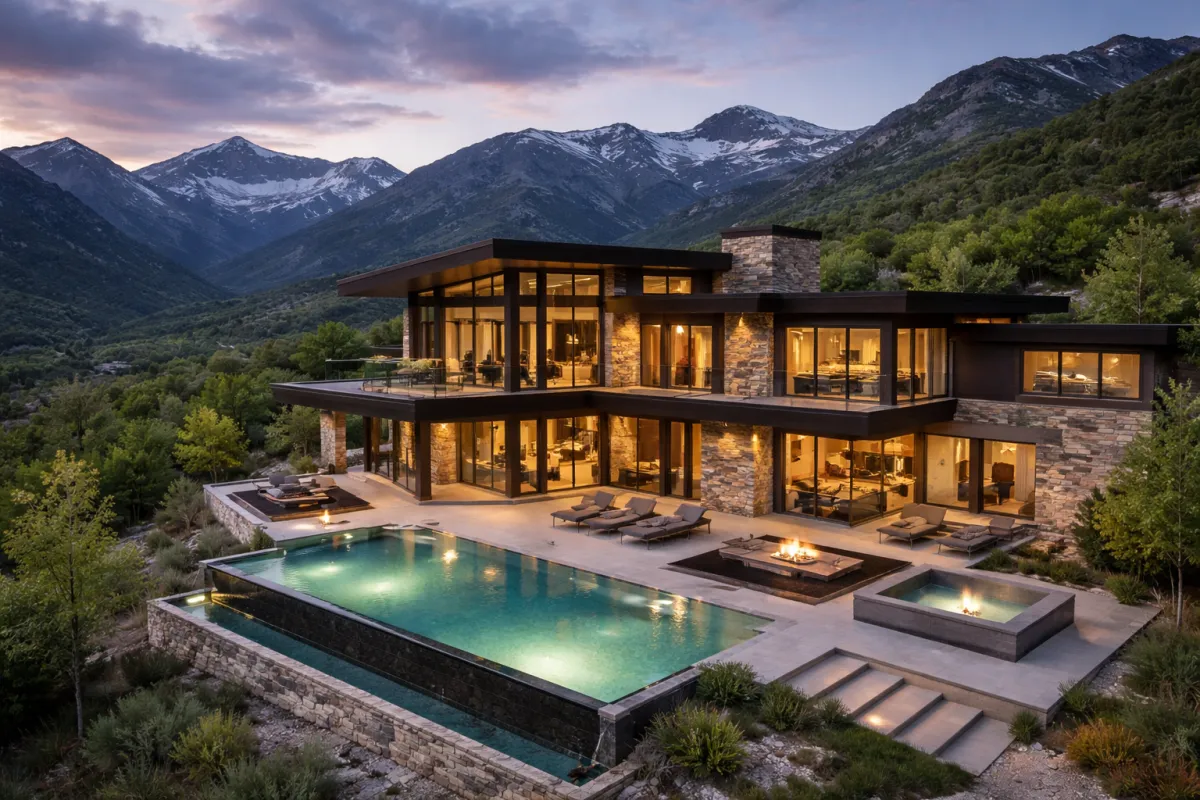 Cinematic view of an illuminated city skyline through floor-to-ceiling apartment windows at night.