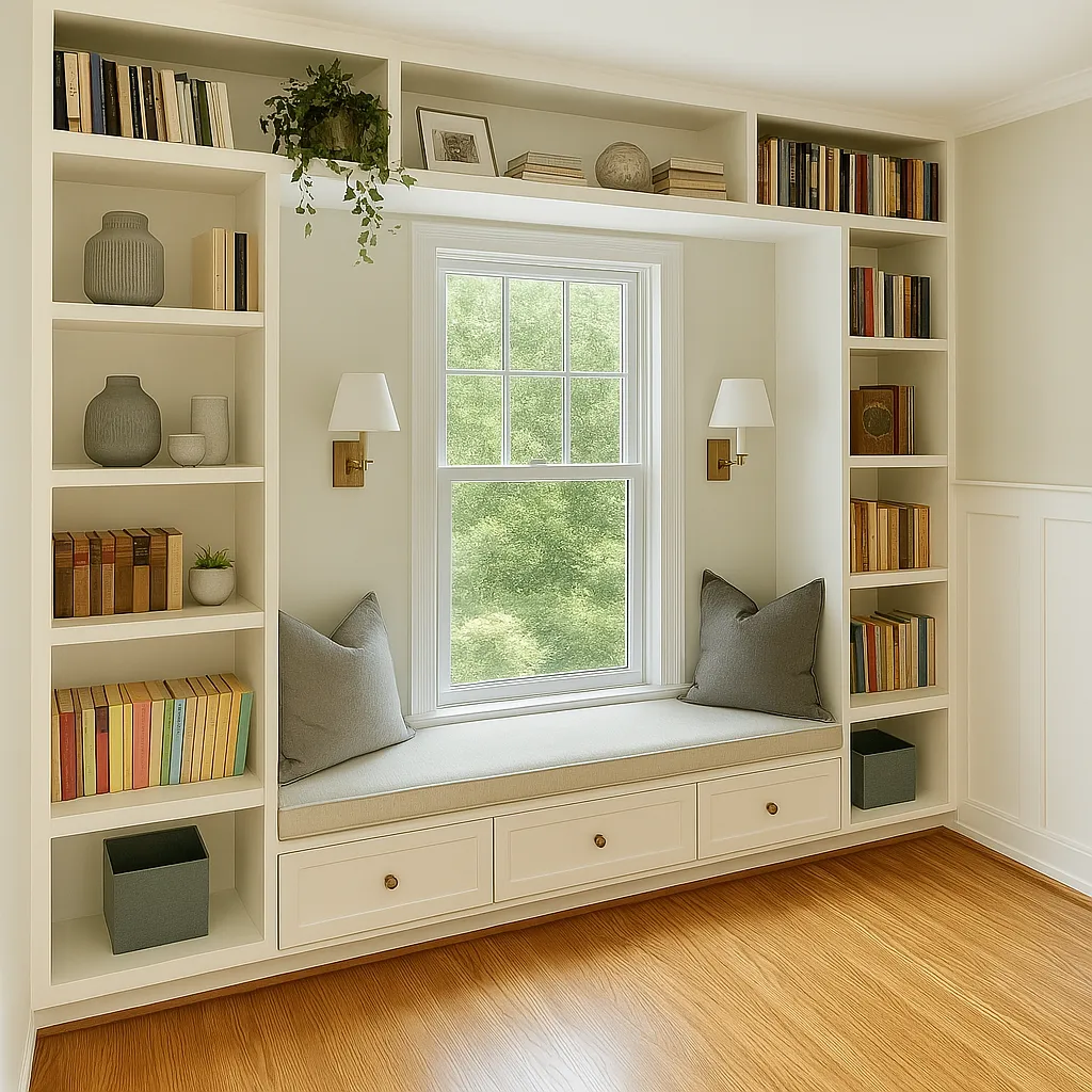 grayscale photography of room with shelves