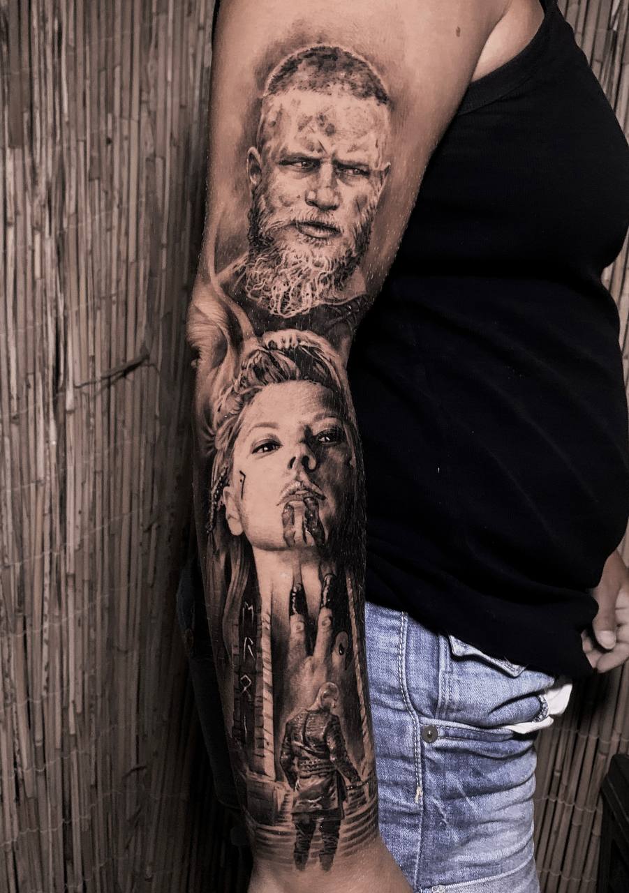 person with tattoo on right arm