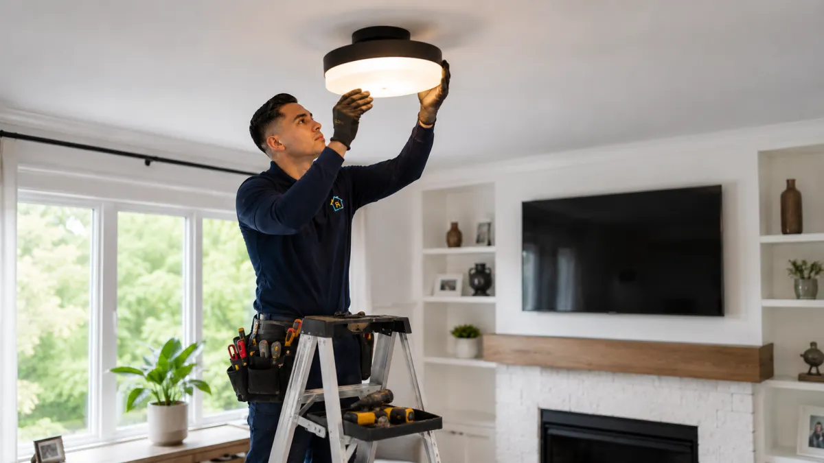 Handyman installing and adjusting cabinets inside a residential property
