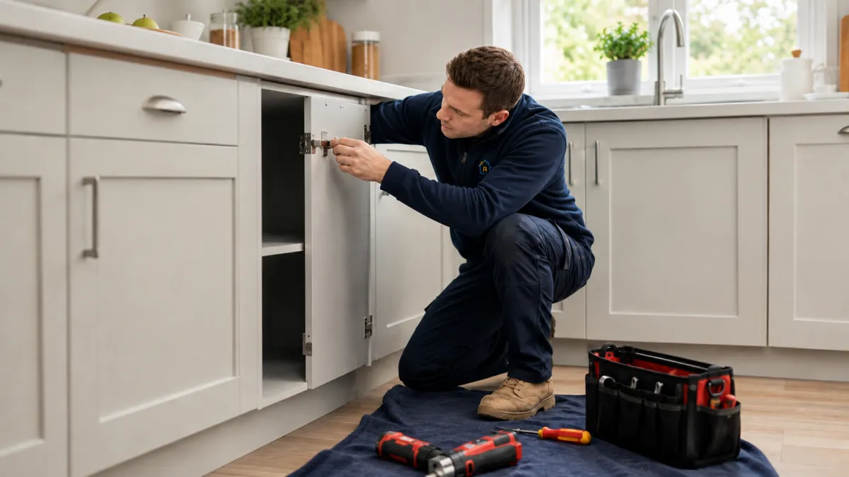 Professional plumbing repair under a kitchen sink in a local home