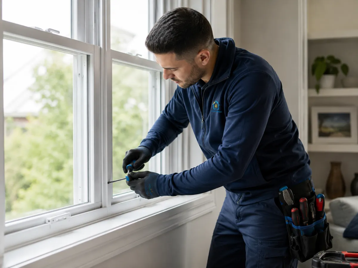 Technician repairing and replacing a residential window with professional tools
