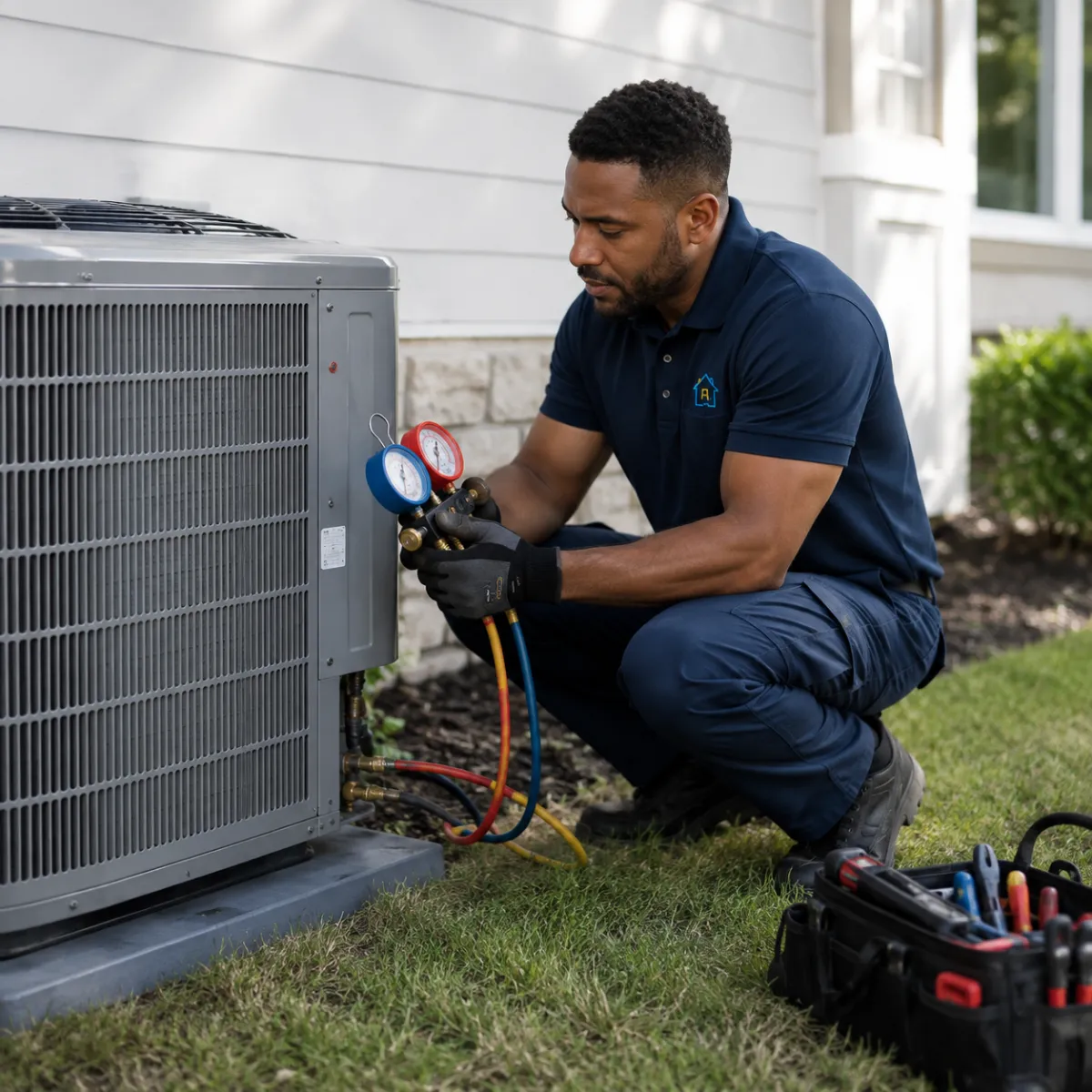 Exterior home service technician completing roof and gutter repair work