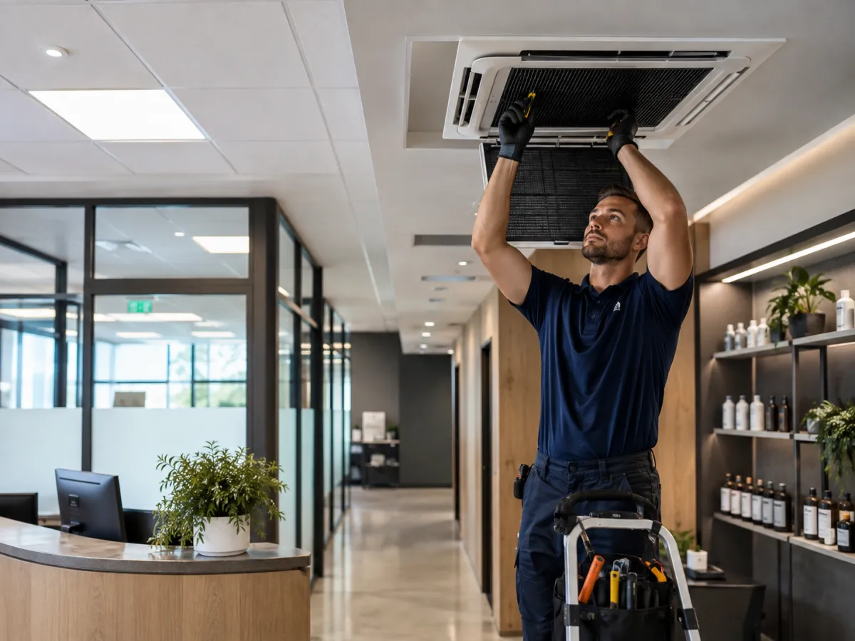 Professional technician completing maintenance work inside a local commercial property