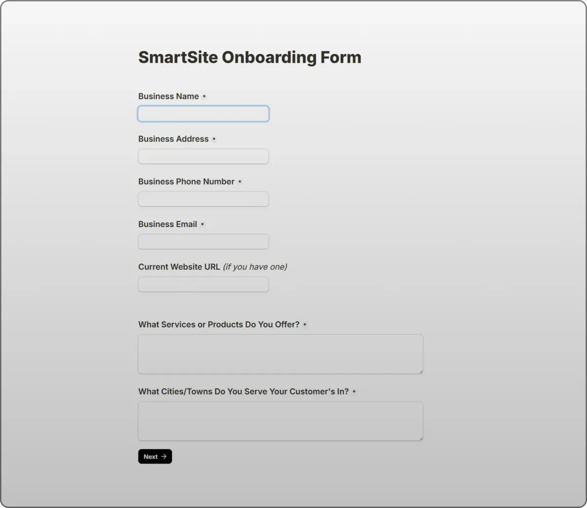 Step 1 SmartSite onboarding form — business information section used to plan your website foundation with BGXStudios.