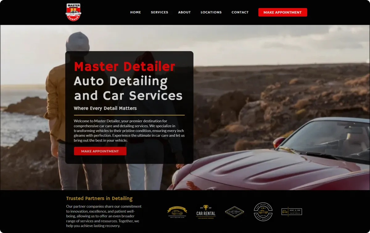 Master Detailer auto detailing and car services homepage featuring a red car in the foreground, with a person in a light jacket standing near the coastline, emphasizing quality vehicle care and services.