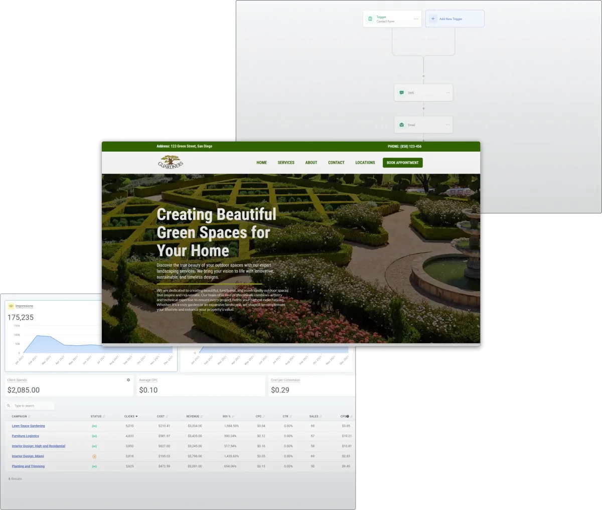SmartSite dashboard showing landscaping website demo, analytics, and workflow automation by BGXStudios.