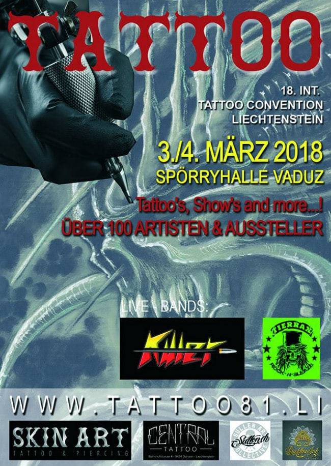 flyer publicitario del evento Vaduz Tattoo Convention realizada en Liechtenstein en el año 2018 donde David Mendoza Art consiguió el tercer lugar como mejor tatuaje del dia sabado