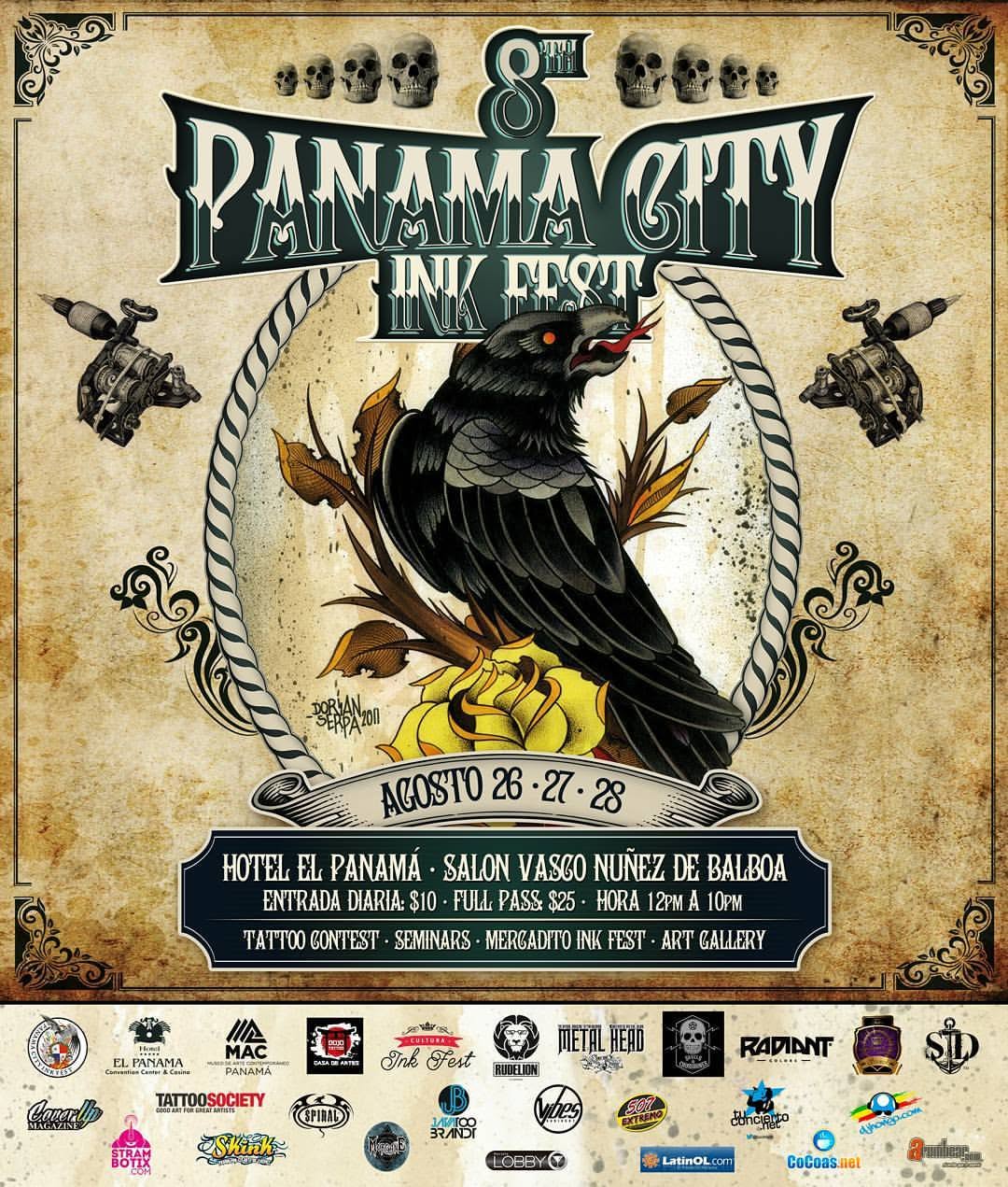 flyer de la séptima Convención de tatuajes Panamá City Ink fest realizada el día 14, 15 y 16 de agosto en el gran salón Panamá del hotel El Panamá- salon vasco nuñez de balboa en el que David Mendoza art consiguió el segundo lugar en la categoría tatuaje curado black and gray de dicha convención en el 2016
