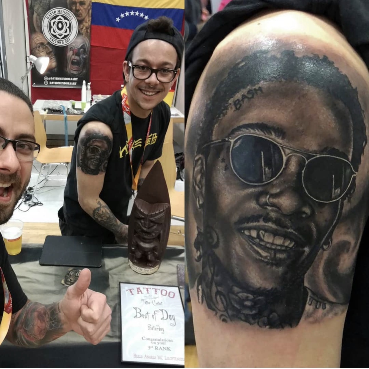 premio conseguido por David Mendoza Art en la categoría mejor tatuaje del día sábado en la Vaduz Tattoo Convention realizada en Liechtenstein en el año 2018, foto de David junto a su cliente