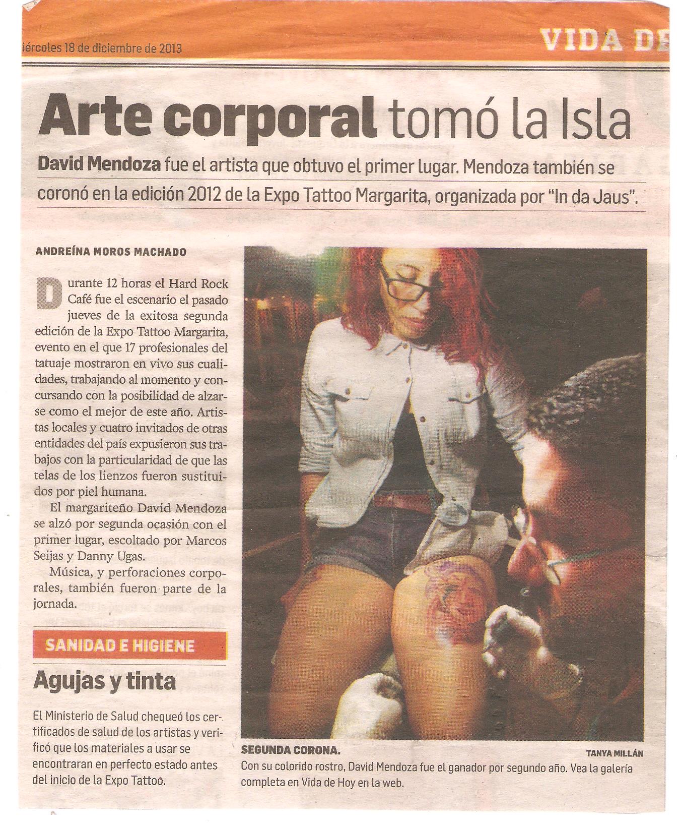 Recorte de periódico en el que aparece David Mendoza ganador del segundo evento de tatuajes de la isla de Margarita, como mejor tatuaje del evento.