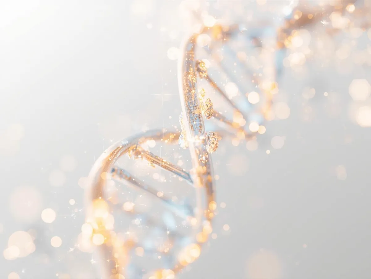 DNA helix sparkling with light particles on a soft background.