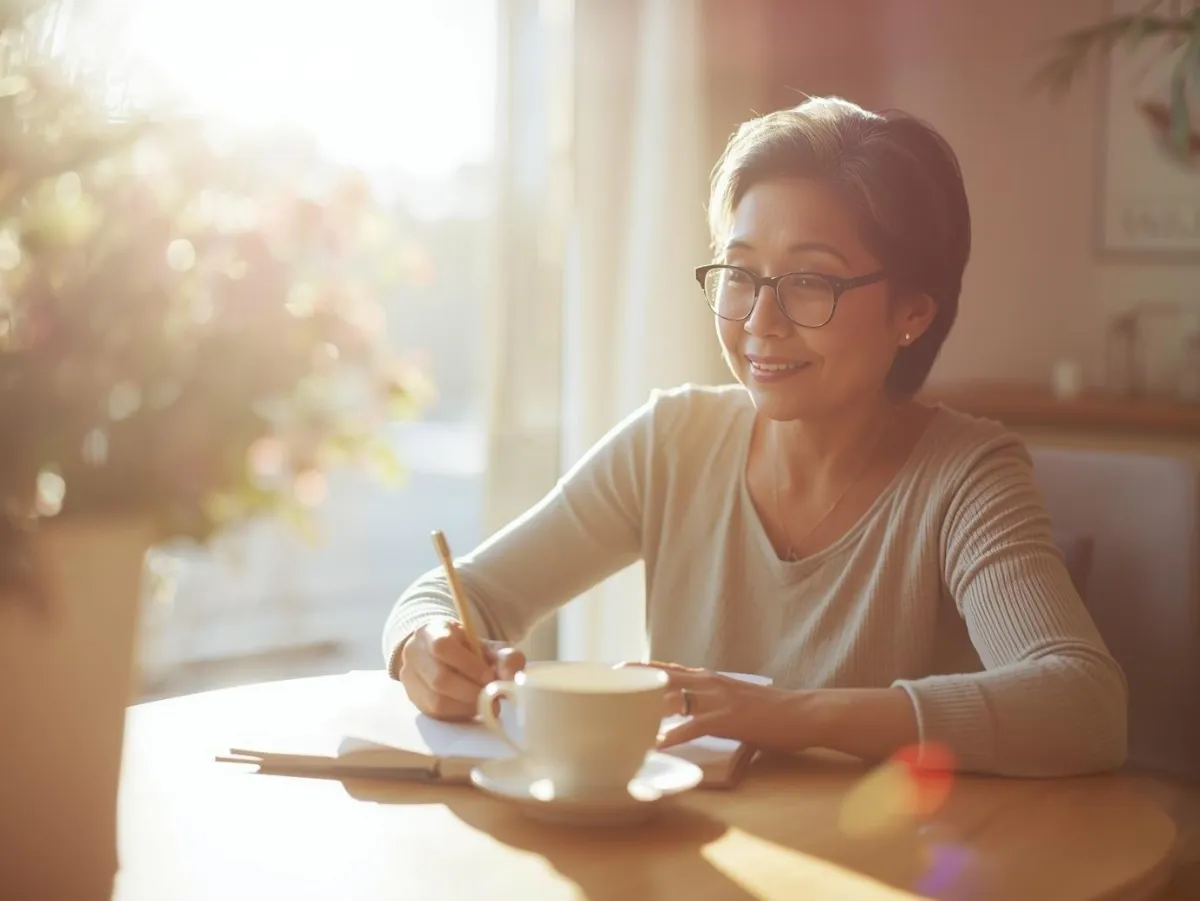 Smiling woman journaling at a sunlit desk with tea.