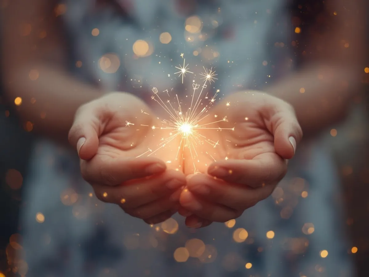 Close-up of hands holding glowing spark of light, symbolizing soul remembrance and inner awakening.