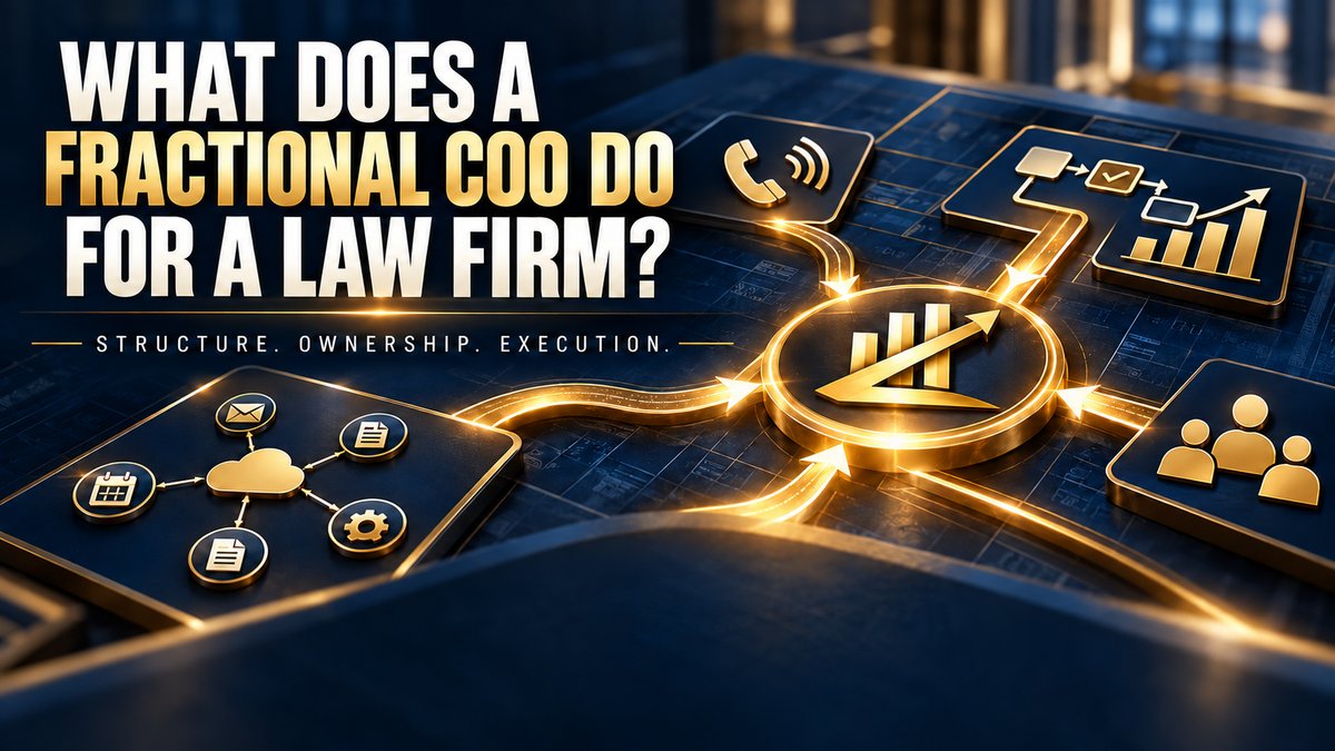 Navy and gold graphic of intake, workflow, team and reporting icons connected to one hub, titled What Does a Fractional COO Do for a Law Firm