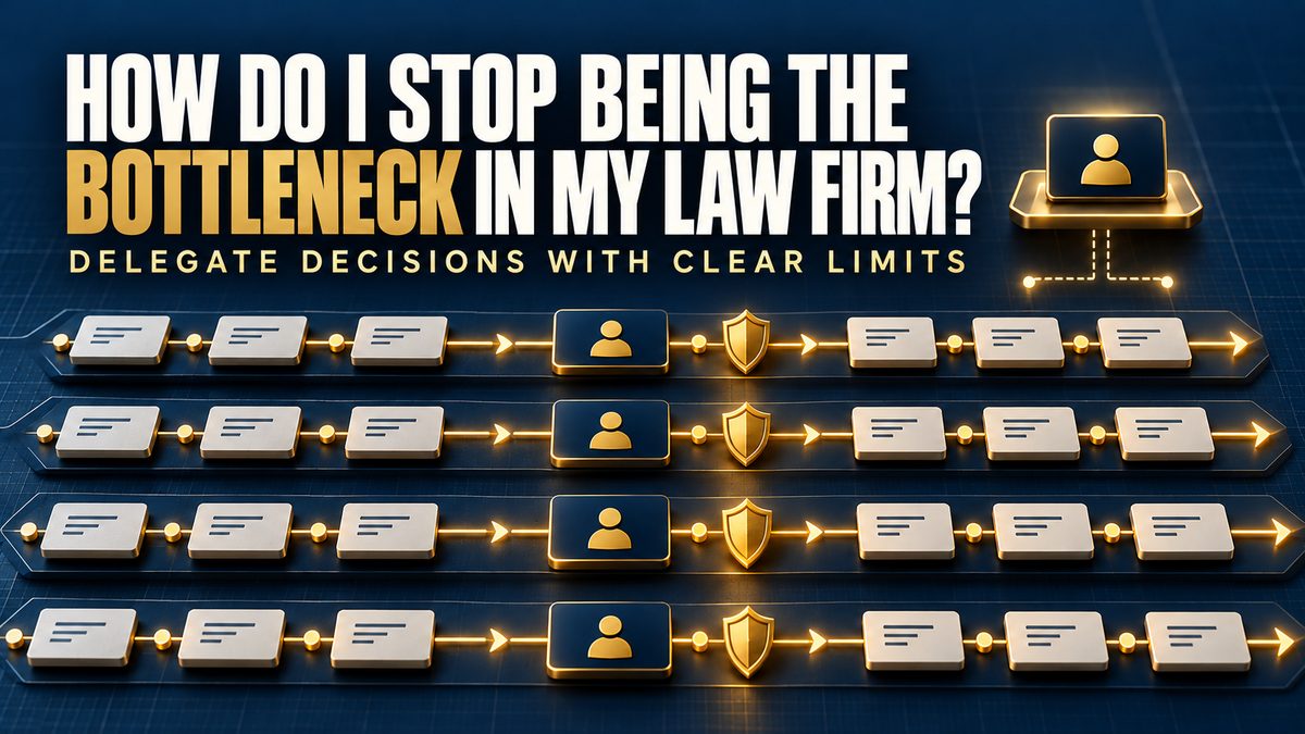Four work lanes, each with its own owner and a gold shield for decision limits, overseen by the firm owner, titled How Do I Stop Being the Bottleneck in My Law Firm