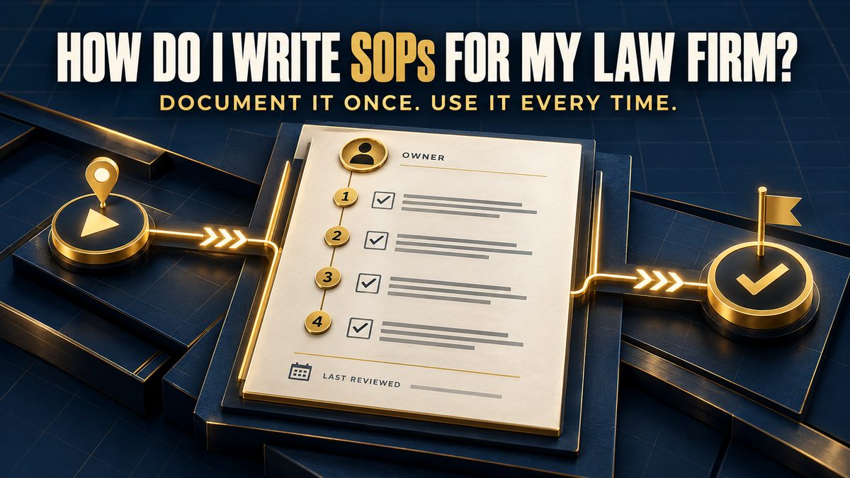 One-page SOP checklist with an owner, four numbered steps and a last reviewed date, running from a start button to a finish flag, titled How Do I Write SOPs for My Law Firm