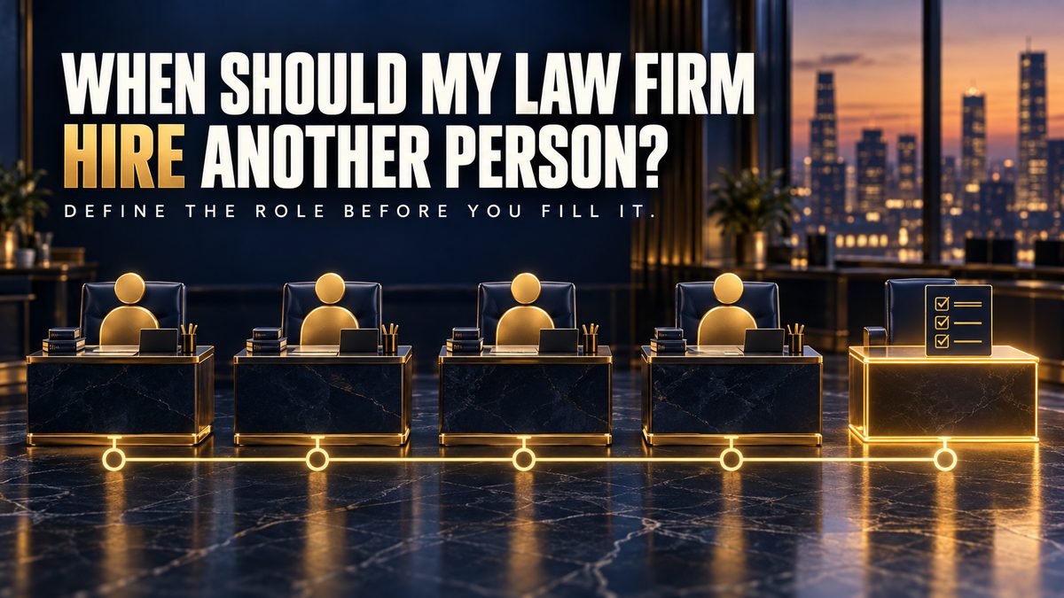Four staffed law firm desks and a fifth empty desk glowing gold with a role checklist, titled When Should My Law Firm Hire Another Person