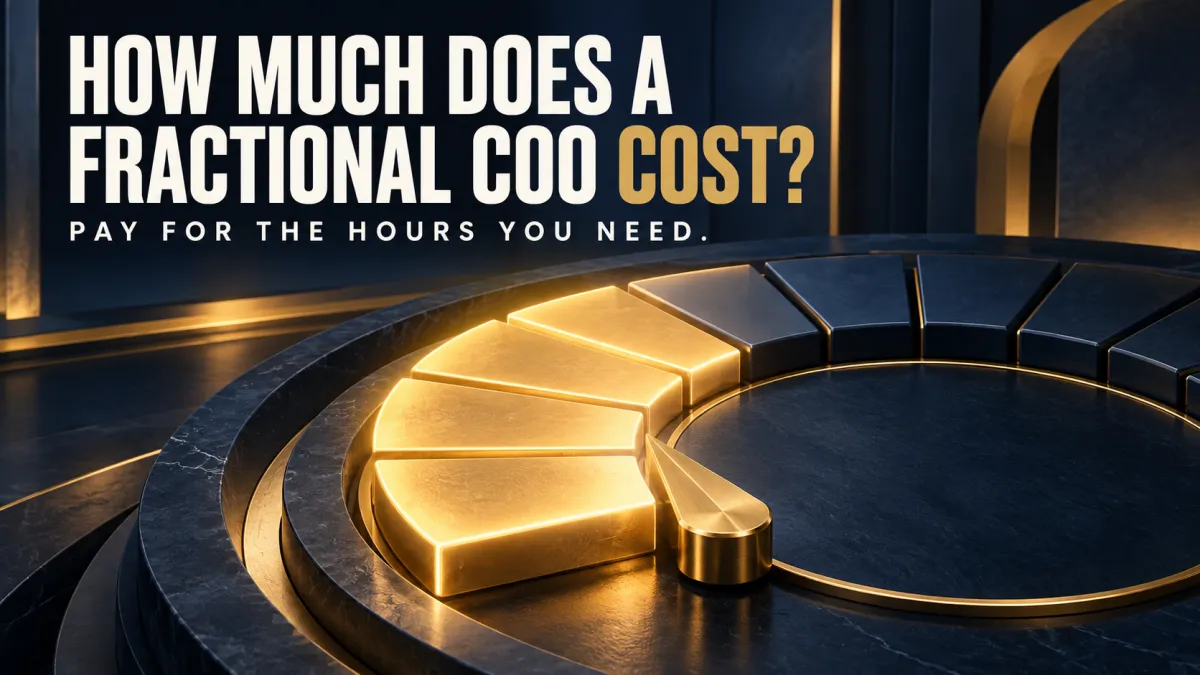 Navy and gold dial with glowing gold segments and a pointer, titled How Much Does a Fractional COO Cost?