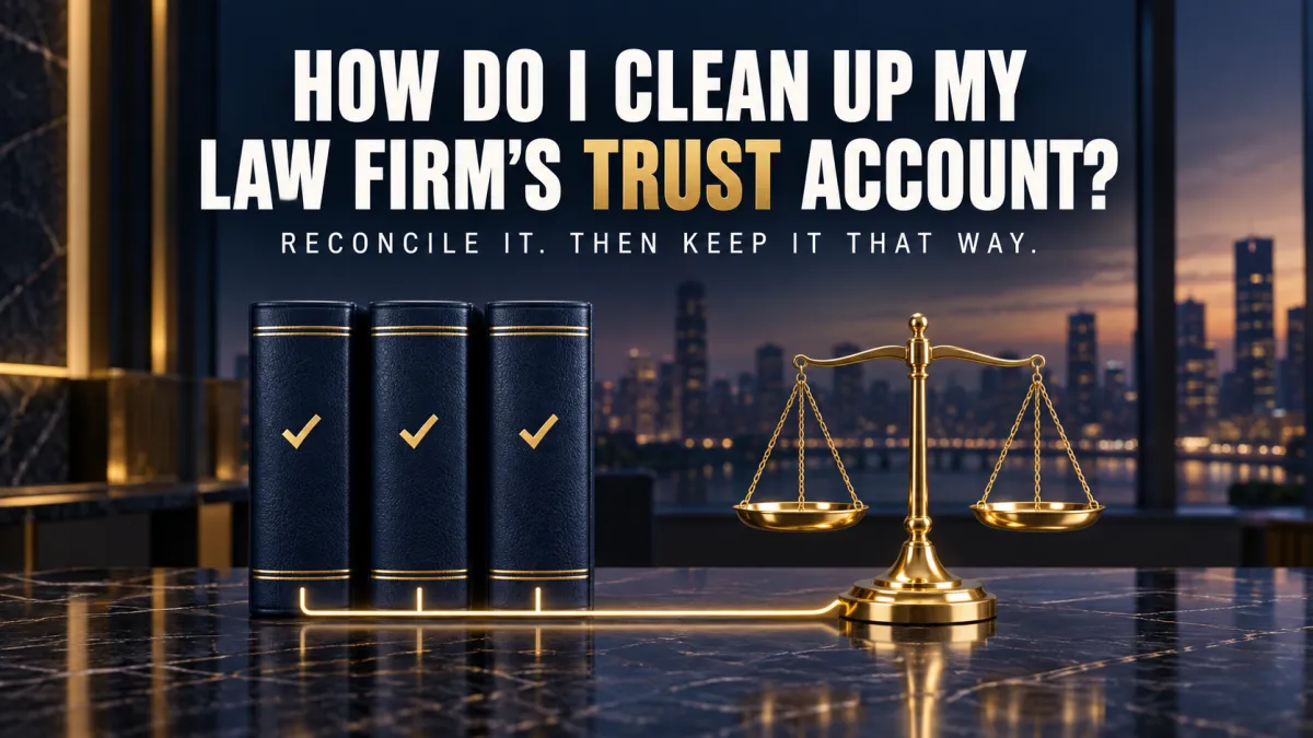Three navy ledger books with gold checkmarks connected by a gold line to a balanced gold scale, titled How Do I Clean Up My Law Firm's Trust Account?