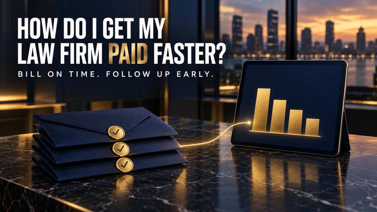 Navy and gold graphic of three sealed invoice envelopes linked to a tablet chart of shrinking bars, titled How Do I Get My Law Firm Paid Faster