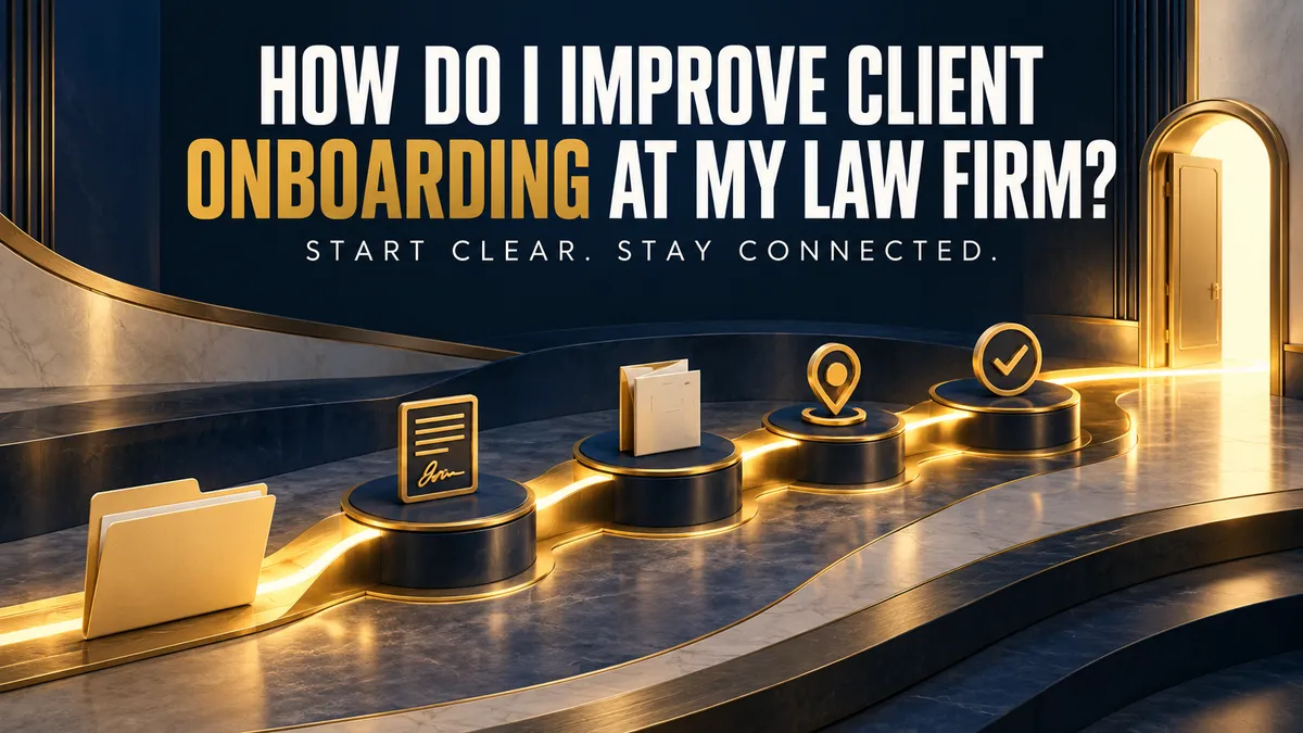 Navy and gold graphic of a gold folder, signed agreement, documents, location pin and checkmark on lit steps leading to an open door, titled How Do I Improve Client Onboarding at My Law Firm