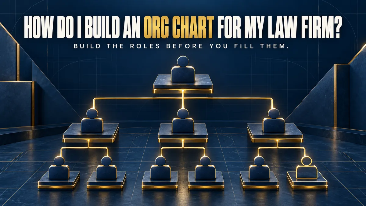 Navy and gold org chart of person icons on marble pedestals joined by glowing gold lines, one role still empty, titled How Do I Build an Org Chart for My Law Firm