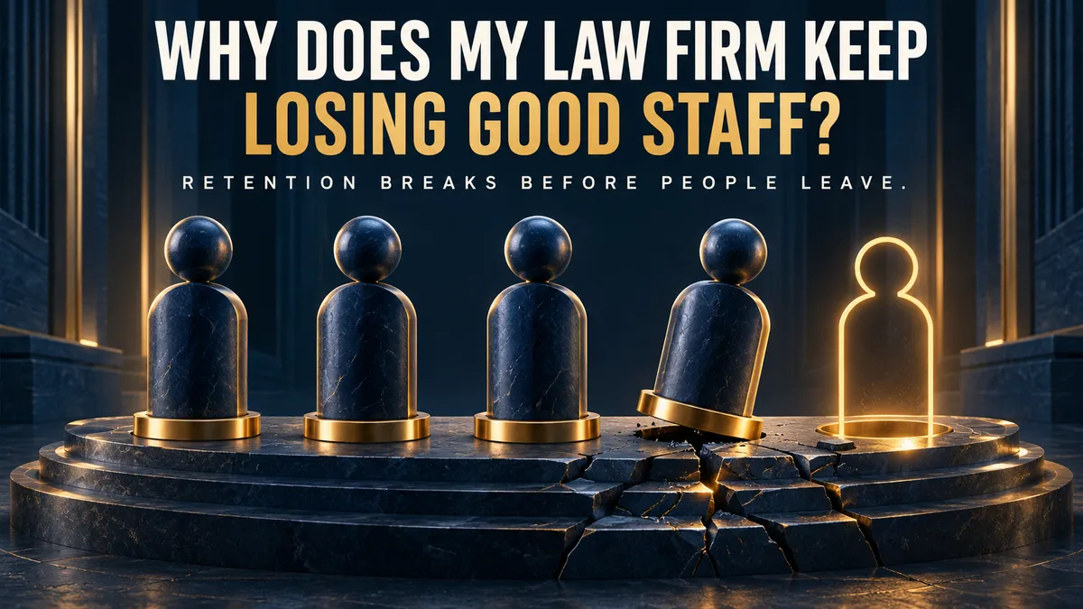 Navy and gold graphic of marble staff figures on a cracked platform, one tipping over and one gone, titled Why Does My Law Firm Keep Losing Good Staff