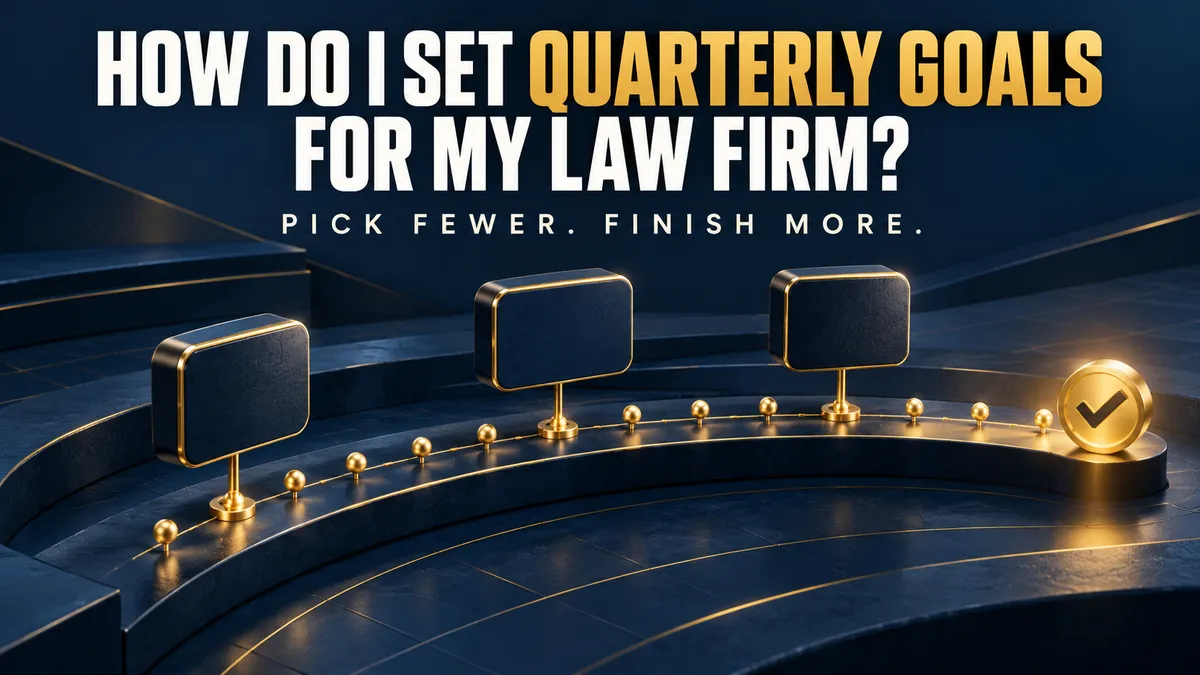 Navy and gold graphic of three blank goal markers along a gold timeline ending in a gold checkmark, titled How Do I Set Quarterly Goals for My Law Firm
