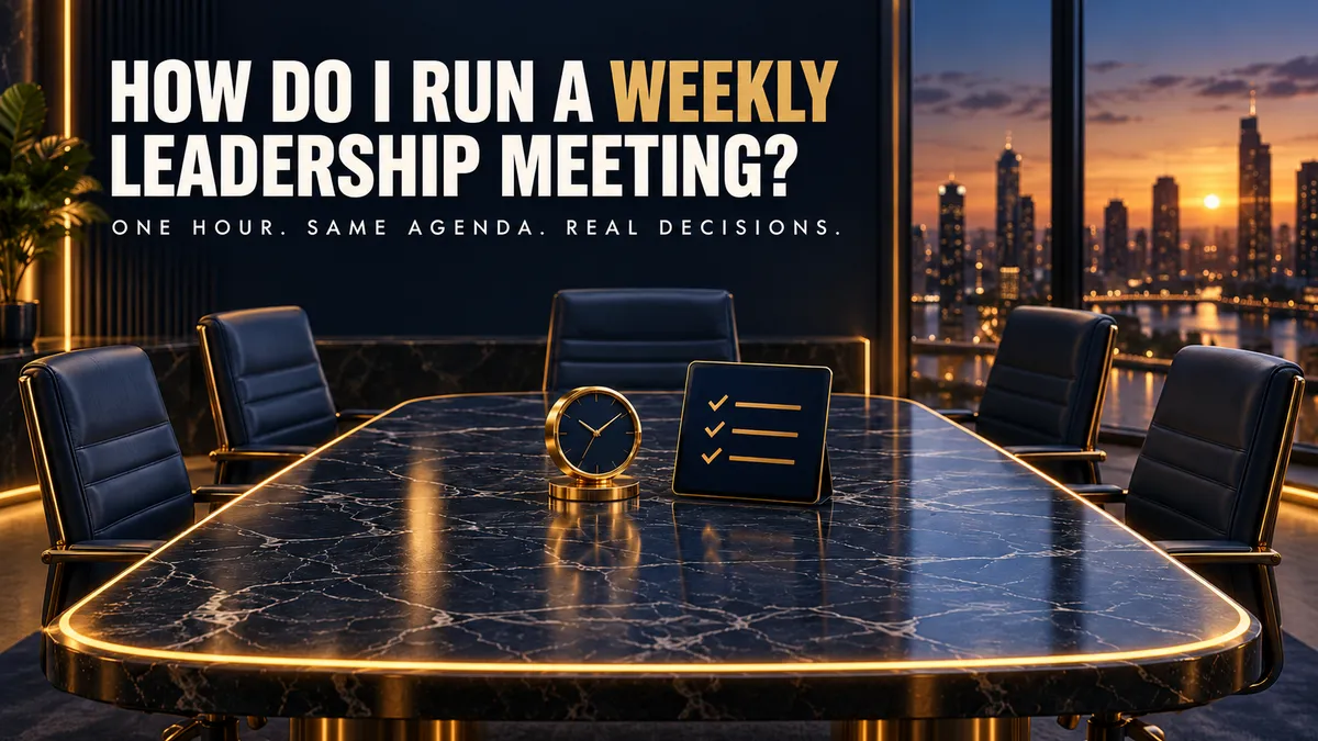 Navy and gold boardroom with five empty chairs, a gold desk clock and a tablet checklist, titled How Do I Run a Weekly Leadership Meeting