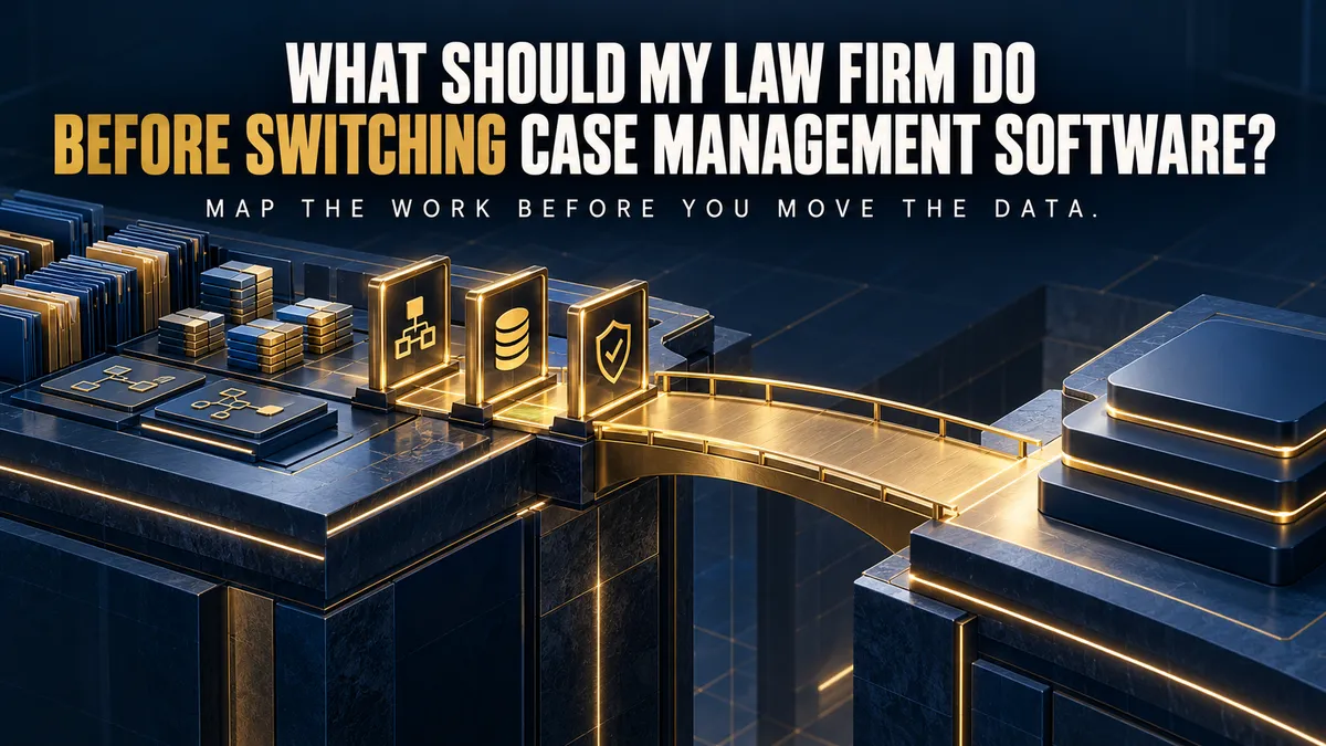 Navy and gold graphic of a gold bridge carrying workflow, data and security panels from an old system to a new one, titled What Should My Law Firm Do Before Switching Case Management Software
