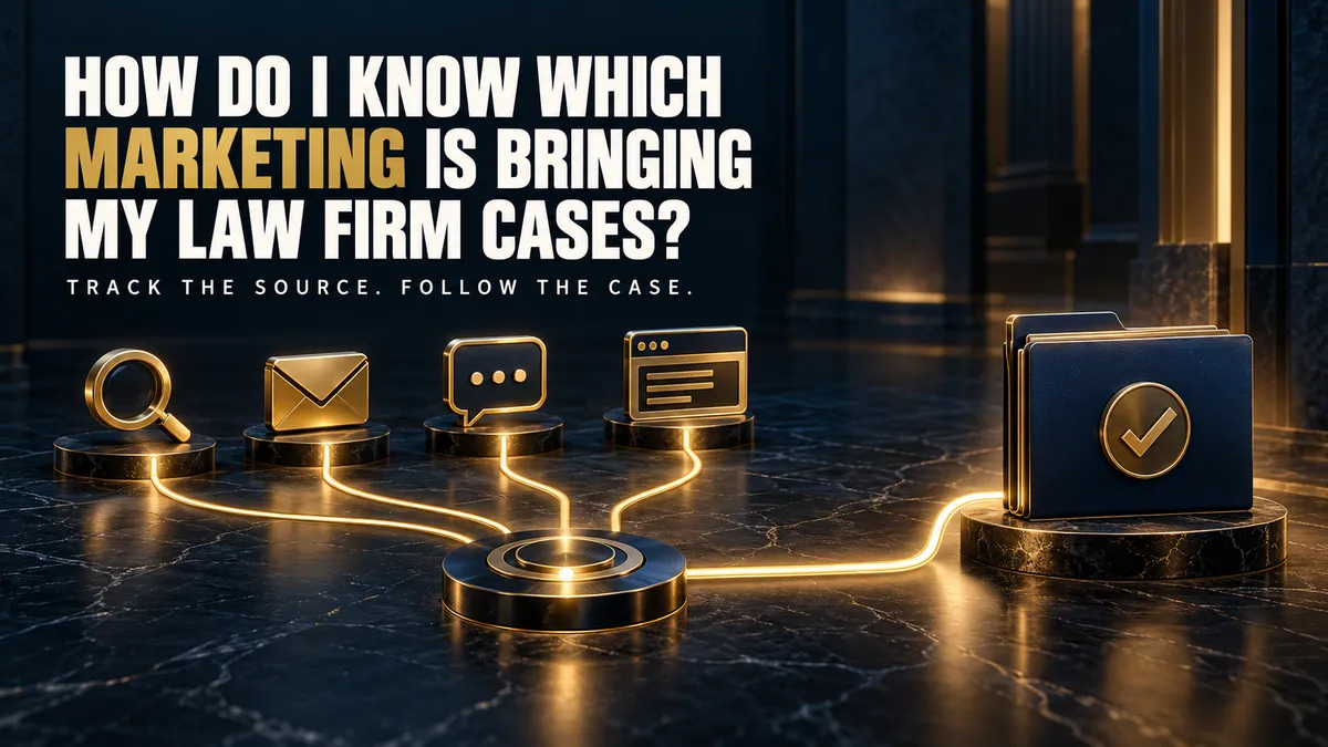 Navy and gold graphic of search, email, chat and web icons linked by gold lines to one signed case folder, titled How Do I Know Which Marketing Is Bringing My Law Firm Cases