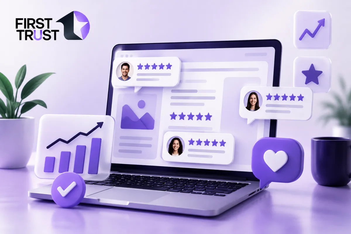 A 3D illustration of an open laptop on a purple desk showing CRM dashboards and floating UI widgets, including five-star review bubbles, growth charts, and a "FIRST TRUST" logo in the top-left corner.